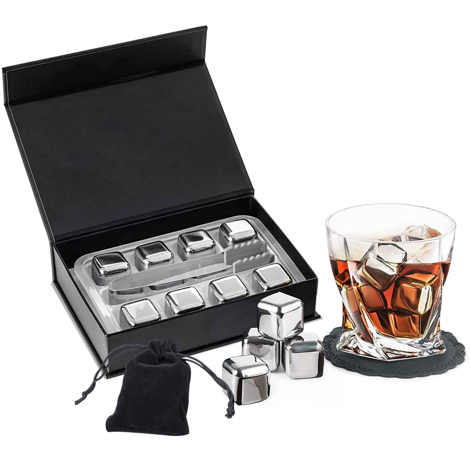 8 PCS Whiskey Stones, Stainless Steel Metal Ice Cubes, Reusable Whiskey Rocks