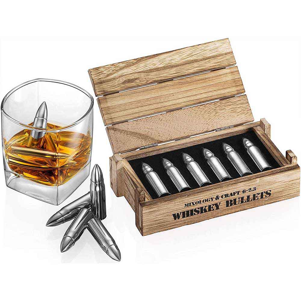 Whiskey Stone Bullets Gift Set with Wooden Army Crate (Silver)