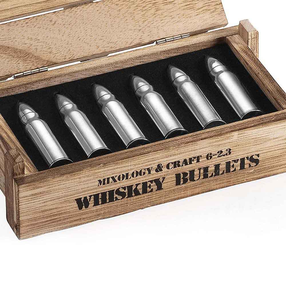 Boyfriend Stainless Steel Bullet shaped Whiskey Stones in a Wooden Army Crate Perfect Whiskey Gift Set for Men Whiskey Stone Bullets Gift Set Husband Dad Reusable Bullet Ice Cube for Whiskey 