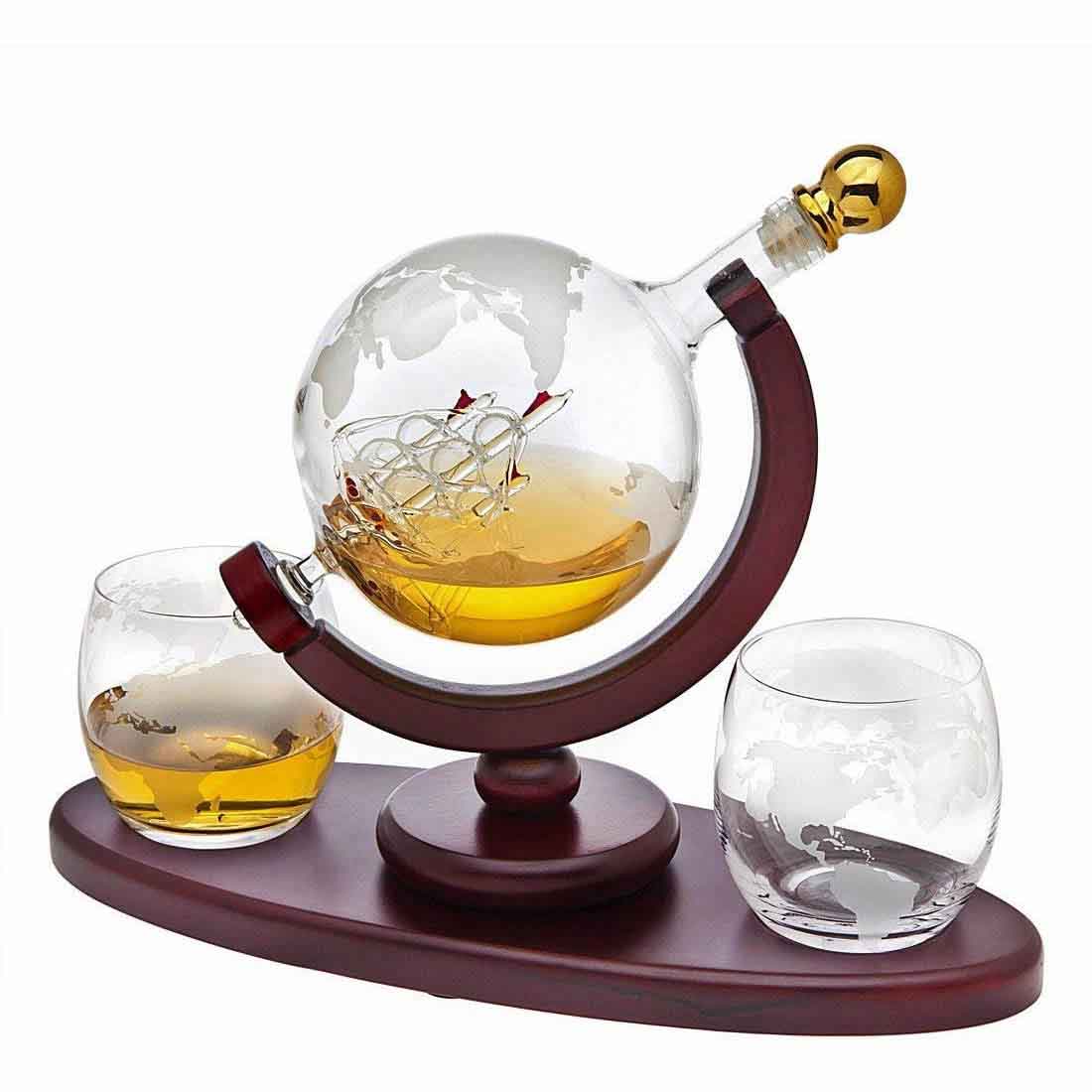 Whiskey Decanter Globe Set with 2 Etched Whiskey Glasses - 850ml