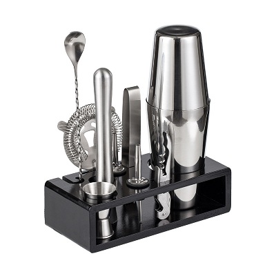 10 Piece Perfect Home Bartender Shaker Set With Black Bamboo Stand