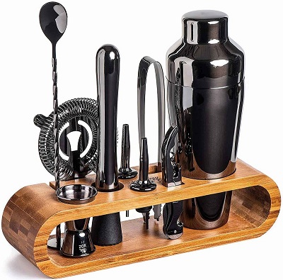 10 Piece Premium Bartender Shaker Bar Tools Set (Black)