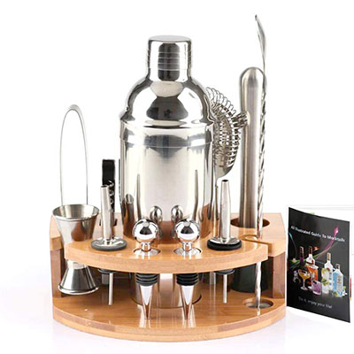 12 Piece Bartender Kit Drinks Bar Shaker Set With Semicircular Bamboo Stand