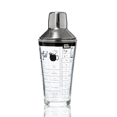 13.5 oz Glass Drink Shaker With Recipes on Side, Professional Bar Tool With Scale