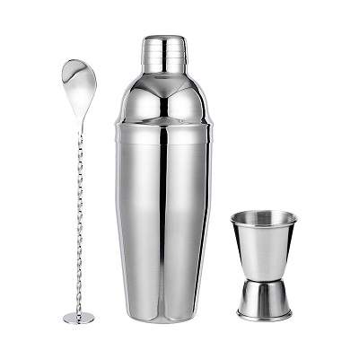 3 Pieces Drink Shaker Set For Home Bartending - Stainless Steel Drink Shaker, Bar Spoon, Jigger