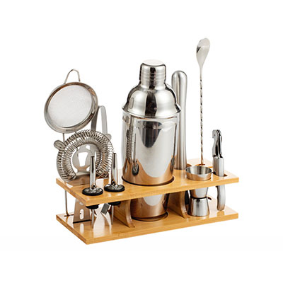 11 Pieces Bartender Bar Tool Set With Bamboo Stand, Drink Mixer Shaker Set