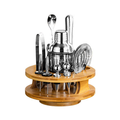 12 Pieces Stainless Steel Bartender Kit with Rotating Bamboo Stand