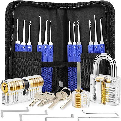 17 Pieces Lock Picking Set with 3 Transparent Practice Locks, Tools for Beginner and Locksmith Training