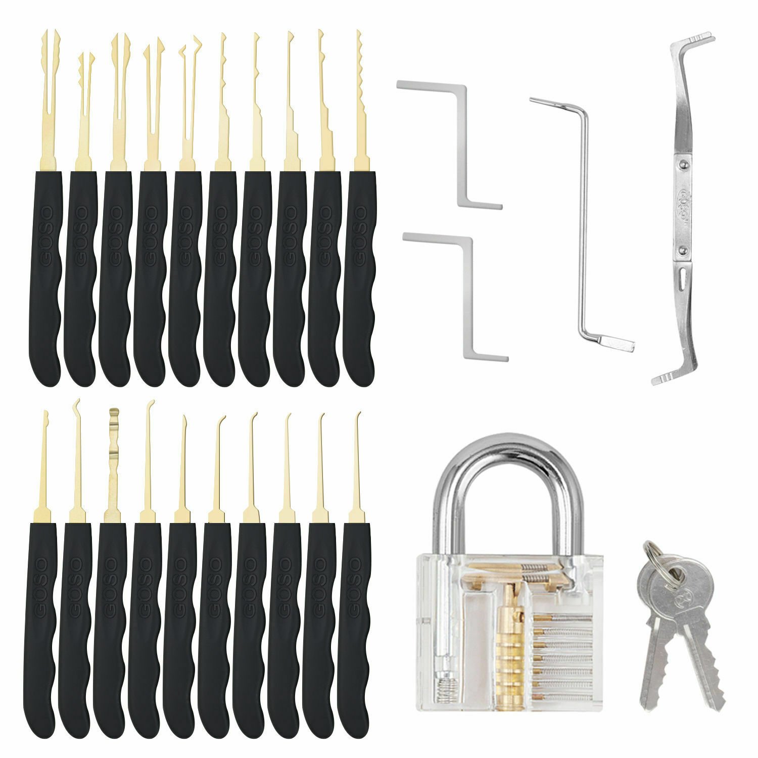 24 Pieces Lock Pick Set with Transparent Practice Padlock 24 Pieces Lock Pick Set with Transparent Practice Padlock