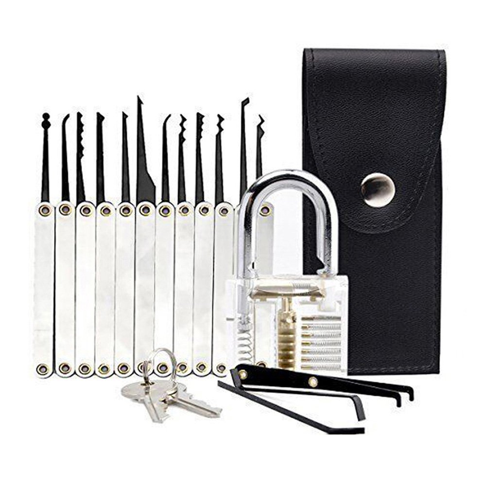 12 Pieces Lock Pick Set with Transparent Practice Lock