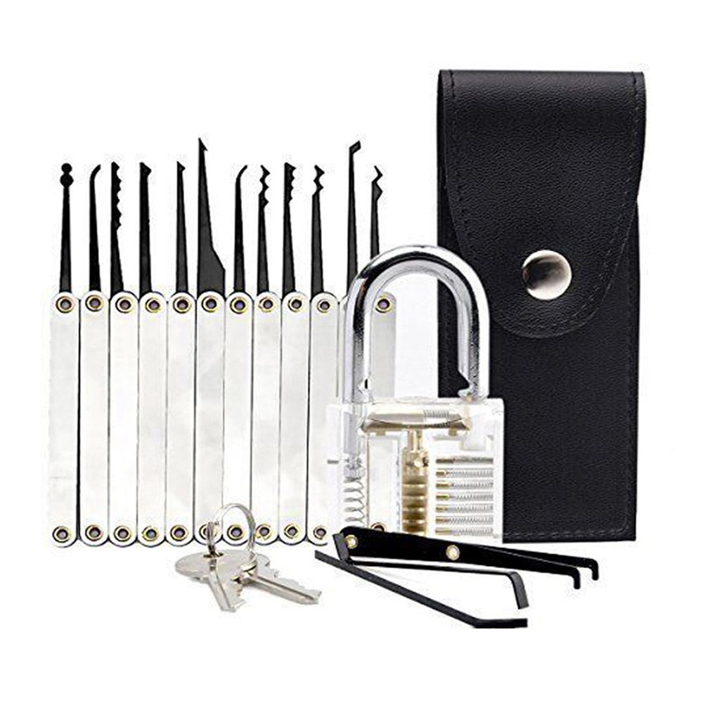 12 Pieces Lock Pick Set with Transparent Practice Lock 12 Pieces Lock Pick Set with Transparent Practice Lock