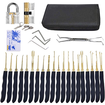 31 Pieces Professional Lock Pick Set With 24 Pieces Lock Picking Kit, 2 Transparent Practice Locks, 5 Pieces Portable Credit Card Lock Pick Tool