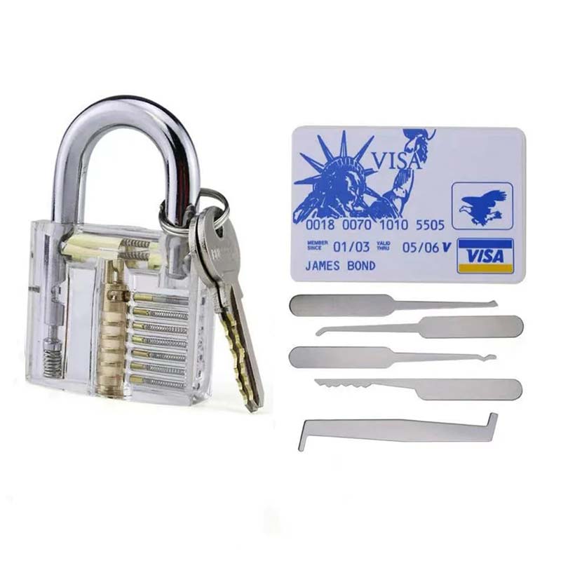 Credit Card Lock Pick Set with 5 Pieces Pick Tool and 1 Transparent Practice Padlock