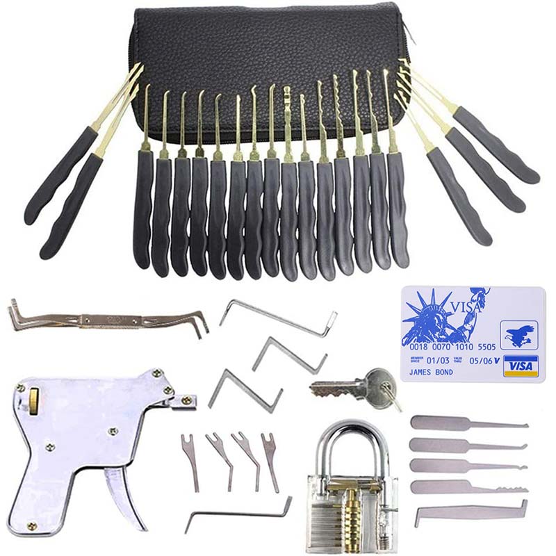 35 Pieces Professional Lock Pick Set with 24 Pieces Lock Picks Set, 1 Lock Pick Gun with 4 Picks, 1 Transparent Practice Padlock, 5 Pieces Credit Card Pick Set