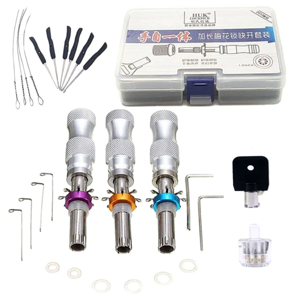 3 Pieces 7 Pin Adjustable Tubular Lock Pick Set with Transparent 7 Pin Tubular Lock and 10 Pieces Broken Key Extractor Set