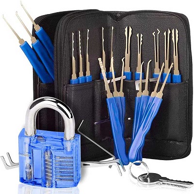 24 Pieces Lock Picking Tools Set with Blue Transparent Practice Padlock 24 Pieces Lock Picking Tools Set with Blue Transparent Practice Padlock